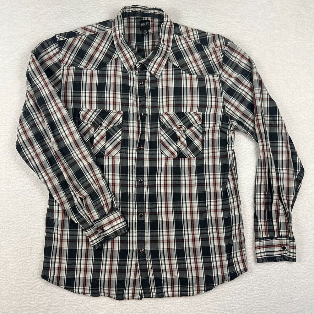 Buckle BKE Shirt Mens XL Pearl‎ Snap Western Cowboy Rockabilly Contour Fit Plaid
